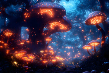 Illustration - Glowing Mushroom Forest Path Night Fantasy