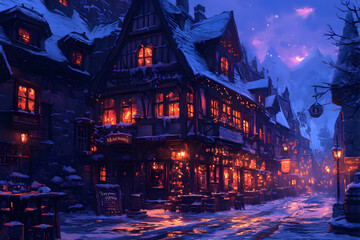 Illustration of Cozy Winter Village at Night