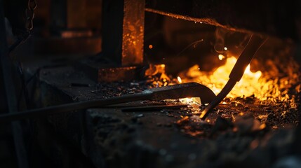 An atmospheric blacksmith forge with anvils and glowing hot metal, Blacksmiths hammering and shaping metalwork, Traditional craftsmanship style