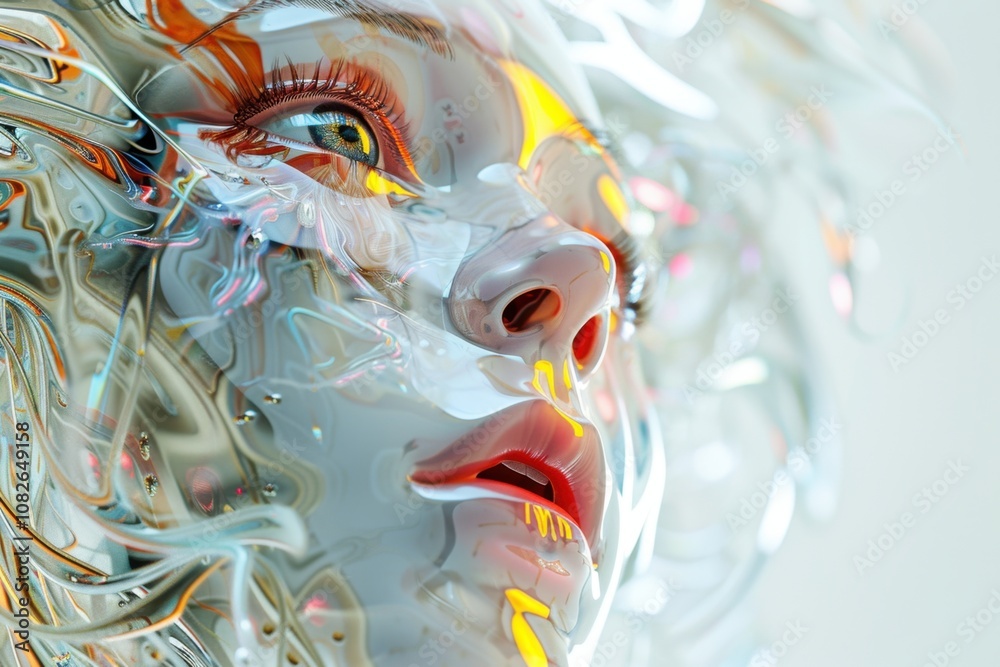 Poster a digitally rendered portrait of a serene woman surrounded by swirling fragments in an ethereal land