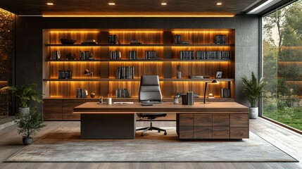 Modern home office with a large desk, leather chair, and built-in bookshelves.