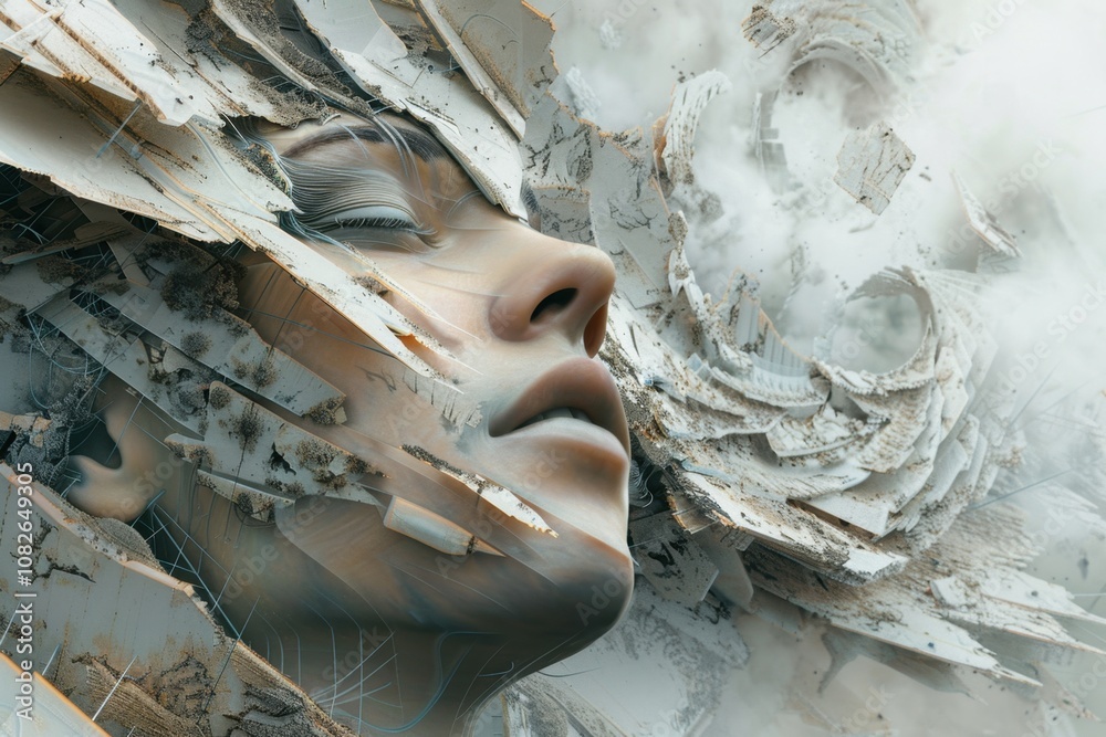 Poster a digitally rendered portrait of a serene woman surrounded by swirling fragments in an ethereal land
