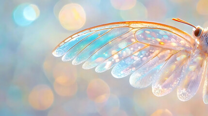 macro image of butterfly wing showcasing intricate patterns and soft focus, revealing vibrant colors and delicate textures. ethereal background enhances its beauty
