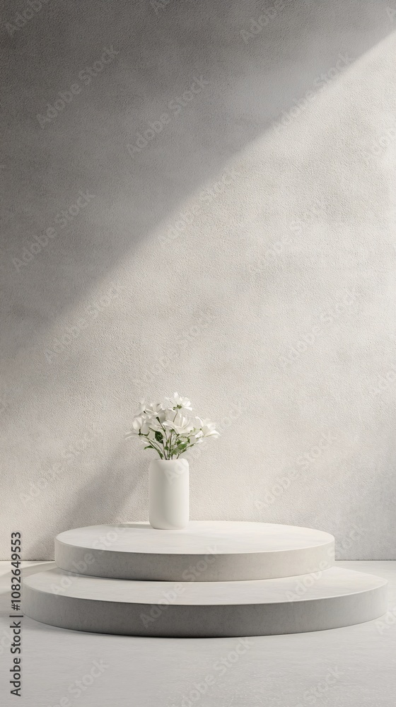 Aufkleber White flowers in vase on round display with textured background illuminating by sunlight from window