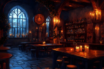 Illustration Tavern Interior Candlelit Cozy Atmosphere Night