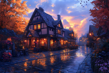 Fototapeta premium Illustration Cozy Autumn Town After Rain Sunset