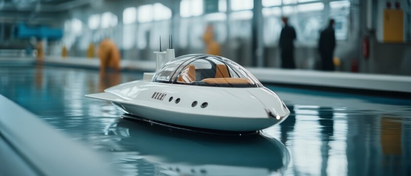 A sleek, futuristic mini-submarine floats effortlessly in a controlled, indoor pool environment, showcasing innovation and modern watercraft elegance.
