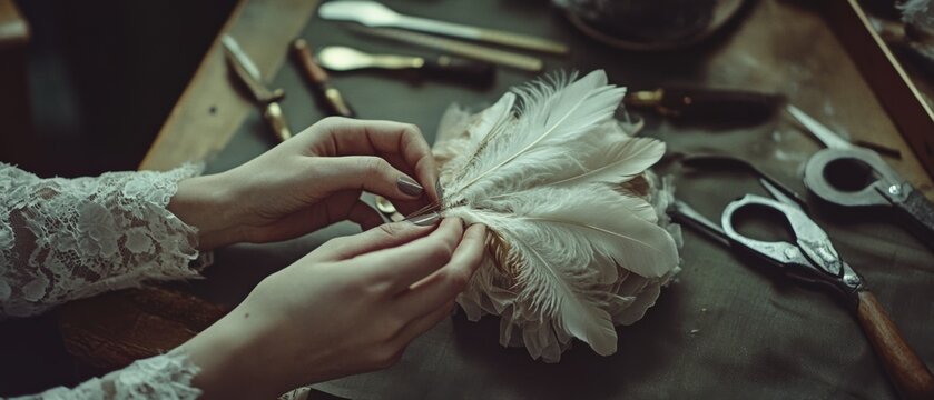 An artisan carefully adds white feathers to a hat, surrounded by classic tools and embodying dedication to the art of millinery.