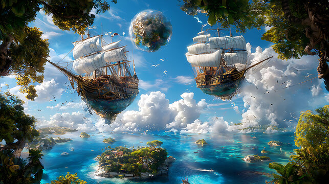 Fantasy landscape featuring floating ships above vibrant ocean, lush islands, and surreal sky filled with clouds and distant planet, evoking sense of adventure and wonder