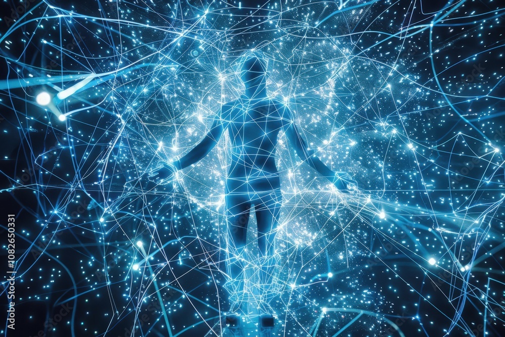 Leinwandbilder a digital human figure composed of glowing particles and intricate connections, representing advance