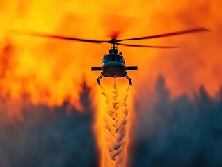 A helicopter battling a raging fire with water, set against a fiery sunset backdrop.