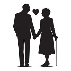 Elderly couple holding hands silhouette vector art black color design and solid white background 
