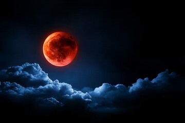 Fototapeta premium Dark night sky with a blood-red moon and thick, ominous clouds in a gothic landscape