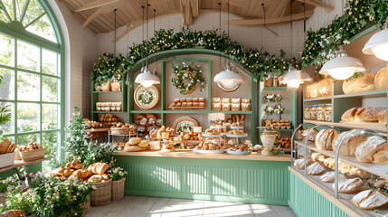 charming vintage style bakery interior filled with fresh pastries, breads, and greenery. inviting atmosphere showcases variety of baked goods, perfect for cozy visit