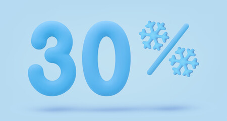 Blue icon, 3d render 30 %, thirty percent sign with snowflakes. Realistic design element. Vector illustration for postcard, icons, poster, banner, web, design, arts. Christmas, New Year Sale