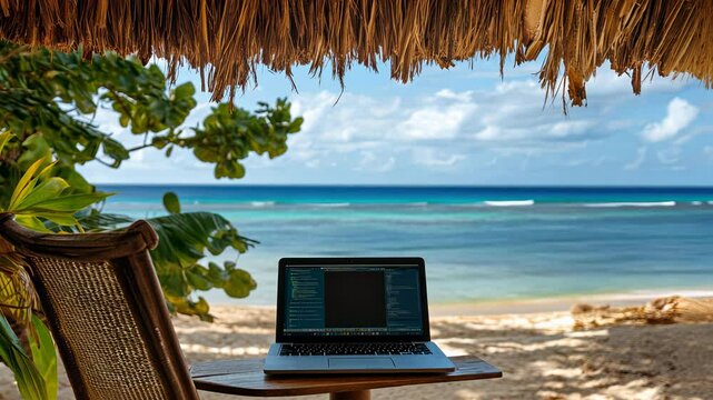Laptop on beachside cabana work desk with turquoise sea view, promoting remote work and digital nomad lifestyle. Summer travel and work-life balance concept.	
