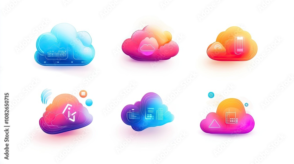 Poster vibrant digital cloud icons representing data management, technology, connectivity, and cloud comput
