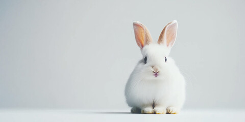Fototapeta premium Adorable White Rabbit Sitting Against Minimalist Background