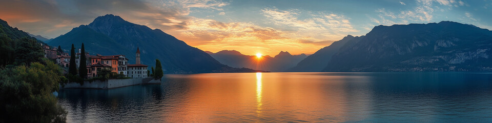 Fototapeta premium Breathtaking Italian Lake Sunset with Mountain Panorama View
