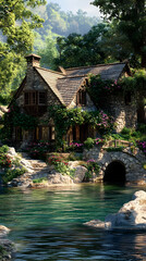 Naklejka premium Illustration of Cozy Cottage by Tranquil River