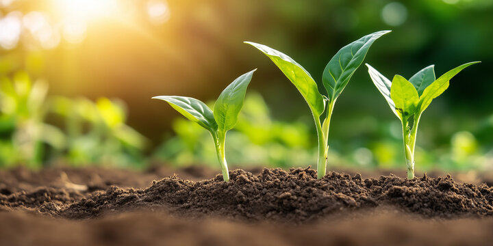Young Green Seedlings Growing in Fertile Soil at Sunrise