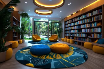 Digital 3D rendering of a library with bookshelves, reading desks, and digital devices for learning, lively and educational