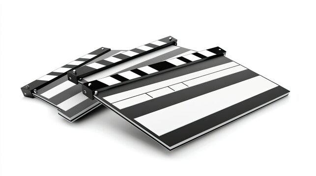 Professional film clapperboards stacked together on a clean white background, ideal for representing filmmaking, movie production, and creative projects in a stylish manner.