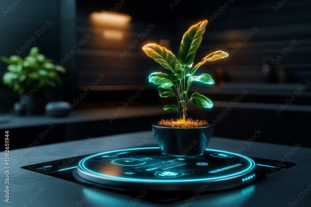 Poster Digital cooking interface in a cyberpunk style, showing parboiling process with holographic display