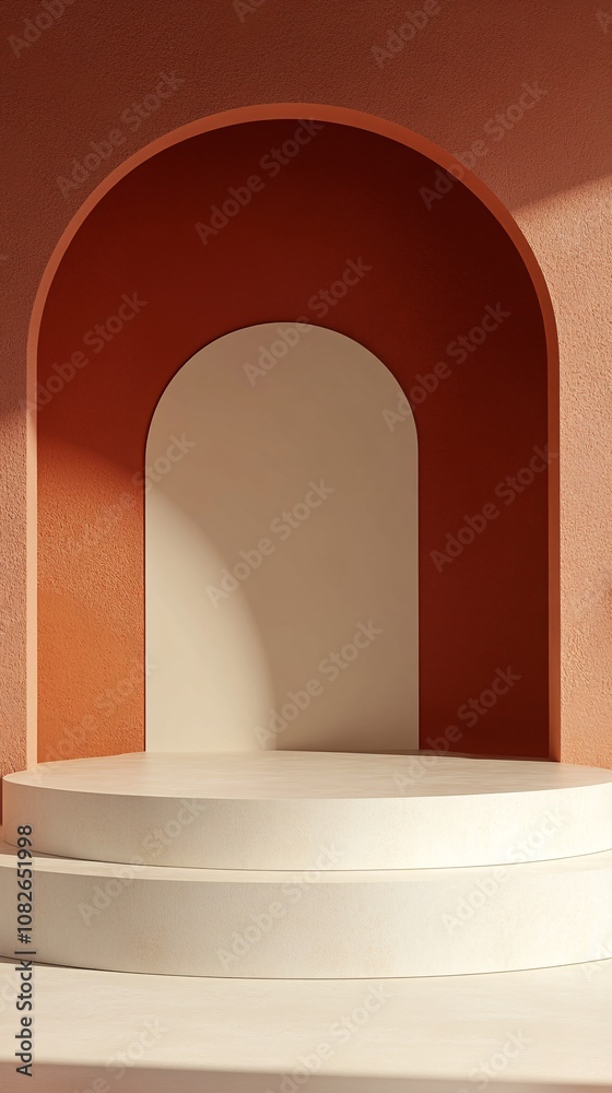 Poster White round empty podium with arch for product presentation on orange wall with light and shadow