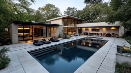 Fototapeta premium Modern luxury home with a spacious outdoor area featuring a swimming pool, patio furniture, and large windows surrounded by trees.