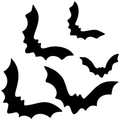 Flying bat silhouettes. Isolated black bats, swarm fly animals. A silhouette of bat, Halloween bat collection, halloween bat element. 