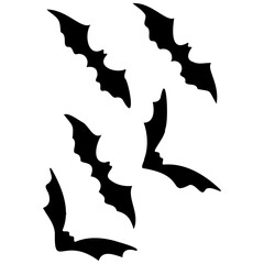 Flying bat silhouettes. Isolated black bats, swarm fly animals. A silhouette of bat, Halloween bat collection, halloween bat element. 