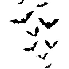 Flying bat silhouettes. Isolated black bats, swarm fly animals. A silhouette of bat, Halloween bat collection, halloween bat element. 