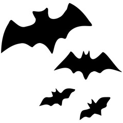 Flying bat silhouettes. Isolated black bats, swarm fly animals. A silhouette of bat, Halloween bat collection, halloween bat element. 