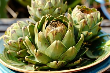 Obraz premium Freshly harvested artichokes, their leaves still vibrant and firm, arranged on a ceramic plate, capturing the essence of garden to table dining