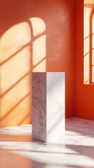 Empty marble podium illuminating in orange room with sunlight from window