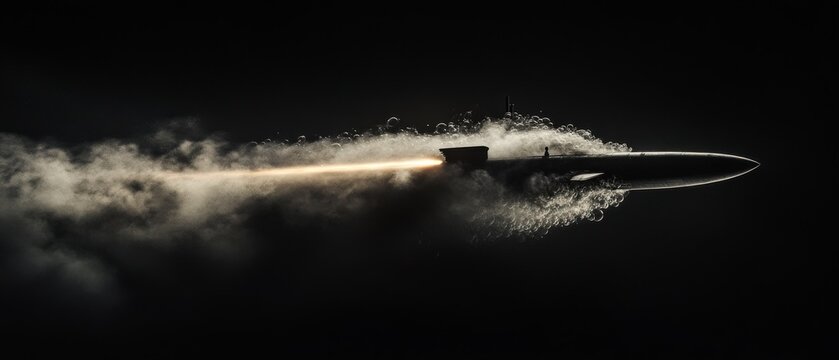A hypersonic missile cuts through darkness, leaving a trail of mist and light, symbolizing speed and technological prowess.
