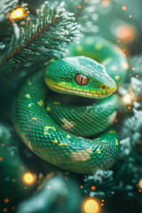 Fototapeta premium a snake on a New Year's background for postcards, banners, backgrounds. 2025. 2037.