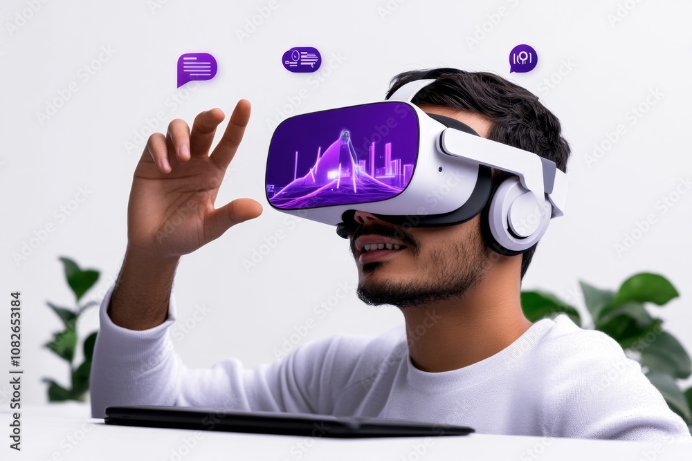 Poster flat 2d illustration of a person using a vr headset, colorful and simple design on a white backgroun