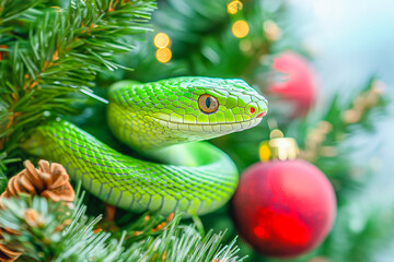 Fototapeta premium a snake on a New Year's background for postcards, banners, backgrounds. 2025. 2037.
