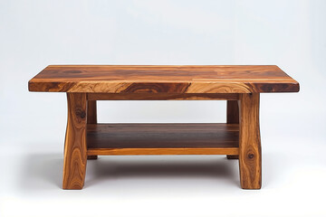A wooden coffee table with a shelf on top of it