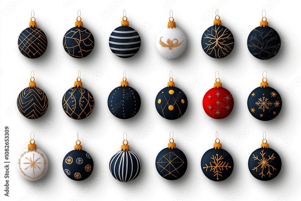 Poster flat 2d illustration of a set of holiday ornaments in different shapes and colors, festive and playf