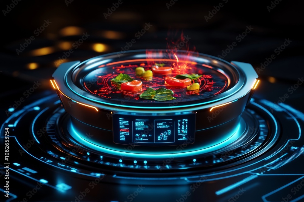 Poster futuristic kitchen scene with high-tech pot and digital display showing parboiling process for veget