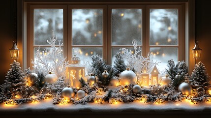 Christmas window display with sparkling lights, frosted branches, and festive ornaments arranged in an elegant winter wonderland scene