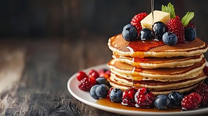 Fluffy Pancakes Stacked with Fresh Berries and Melted Butter Drizzled in Maple Syrup