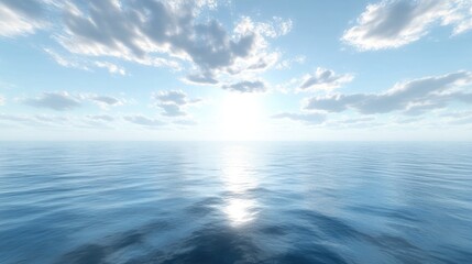 Serene Ocean Landscape with Calm Crystal-Clear Water and Soft Clouds in a Vast Sky, Perfect for Nature-Themed Backgrounds, Travel Promotions, and Tranquil Escape Concepts