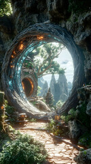 Obraz premium 3D Illustration Fantasy Portal, Lush Landscape, Stone Path