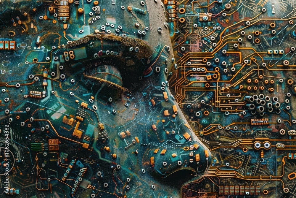 Poster A digital representation of a woman's profile intertwined with circuitry, reflecting the fusion of human and technology in a futuristic setting