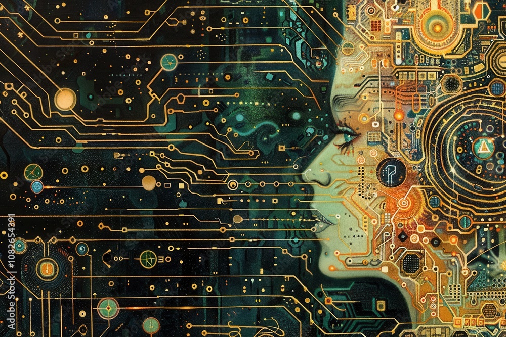 Poster a digital representation of a woman's profile intertwined with circuitry, reflecting the fusion of h