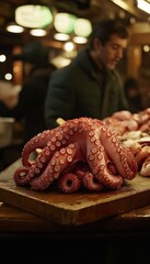 Fototapeta premium Fresh Octopus on Display Vibrant Seafood Market Scene with Whole Cephalopod Ready for Sale